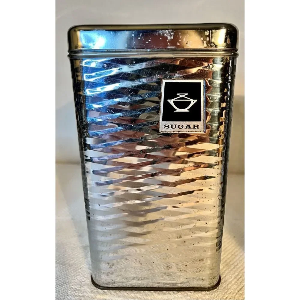Vintage 4 Piece MCM Chrome/Black Wavy Diamond Textured Canister Set READ